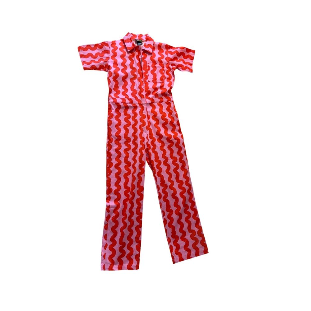 NWT Nooworks Pink Red Squiggle Jumpsuit Medium Made USA $211 Cotton